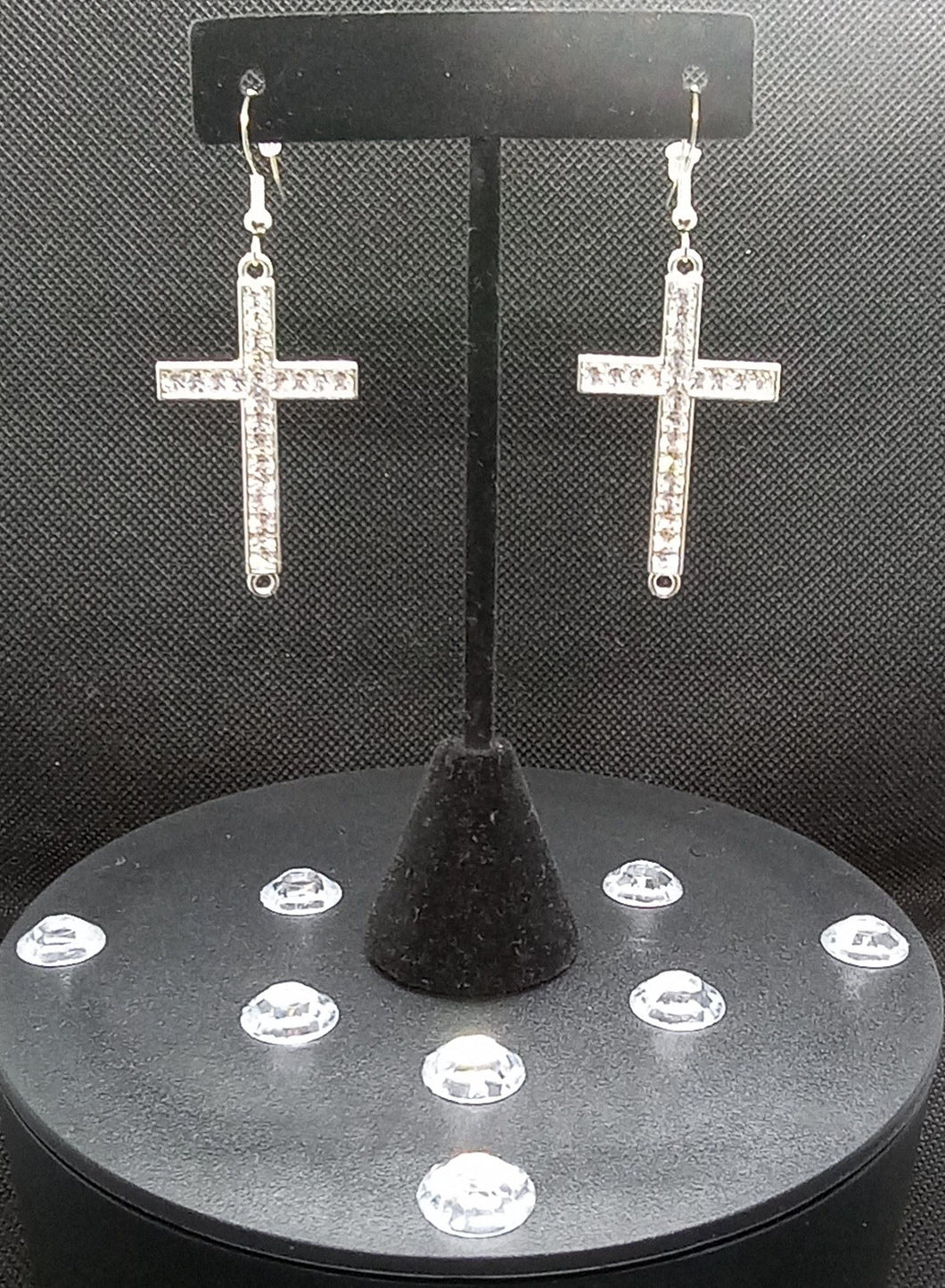 Handcrafted Silver Crystal Accent Dangling Cross Earrings