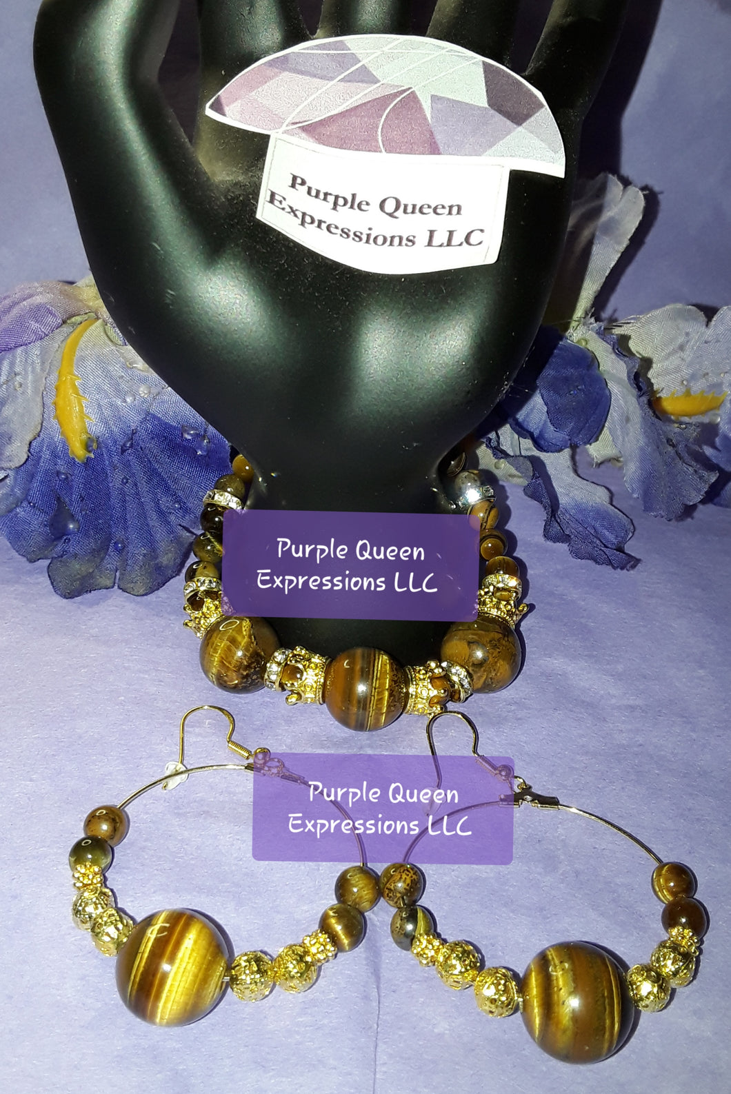 14mm Tigers Eye Large Gold Hoop Earrings and matching Bracelet. *All metal materials are hypoallergenic.